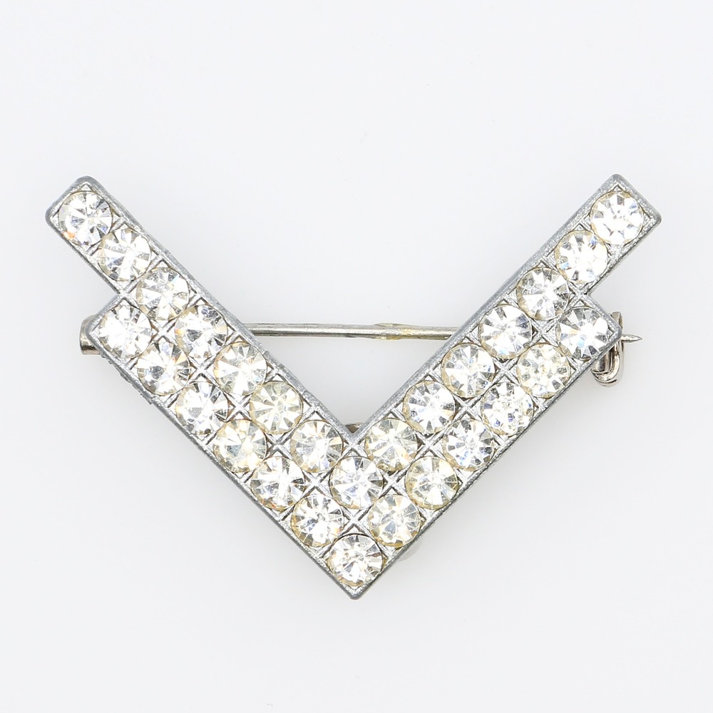 Vintage WWII V for Victory Double Row Clear Rhinestone Chevron Brooch Pin 1940s